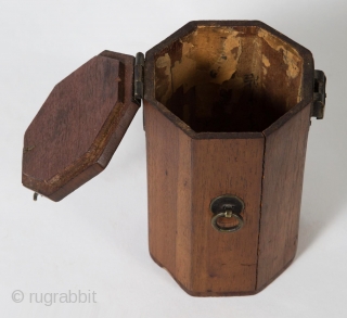 A small, unique octagonal box from Korea. 4.75" (12 cm) high by 3" (7.5 cm) wide. It opens by sliding the latch to the left, which releases the small hook. Brass hardware,  ...