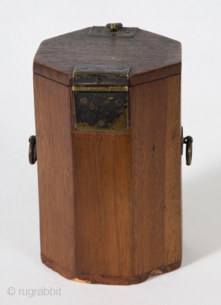 A small, unique octagonal box from Korea. 4.75" (12 cm) high by 3" (7.5 cm) wide. It opens by sliding the latch to the left, which releases the small hook. Brass hardware,  ...