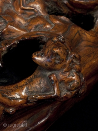 Burl okimono,
Japan.
Burl wood, paint.
9" (23 cm) wide.
Meiji Period.
This fascinating burl figure is full of whimsical animals: monkeys, alligator, frog and maybe a squirrel. Dots of black paint highlight the eyes of the  ...