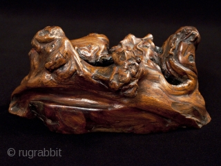 Burl okimono,
Japan.
Burl wood, paint.
9" (23 cm) wide.
Meiji Period.
This fascinating burl figure is full of whimsical animals: monkeys, alligator, frog and maybe a squirrel. Dots of black paint highlight the eyes of the  ...