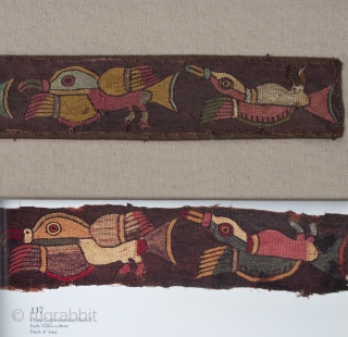 Border fragment to a mantle,
Nasca culture, Peru.
Camelid wool yarns (alpaca, llama and vicuna), natural dyes,
100 B.C. to 100 A.D.
24" (61 cm) wide by 2" (5 cm) high.
Professionally restored and mounted.
Six colorful cormorants  ...