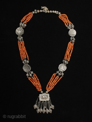 A beautiful coral and silver wedding necklace from Tajikistan, Central Asia. 33 inches (84 cm) interior circumference, 178 grams. Late 19th - early 20th century.        