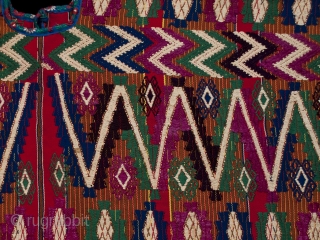 Ceremonial huipil (blouse),
Tecpan village, Guatemala.
Cotton, silk.
1970s or 80s.
51" (129.5 cm) wide by 23.5" (59.7 cm) high.
Ex. private San Francisco collection

The hand-spun cotton threads used for the body of this large huipil are  ...