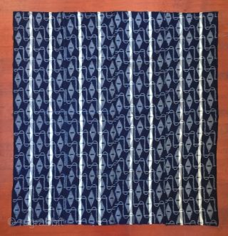 Double ikat futon cover,
Japan.
Hand loomed cotton, indigo,
54" (134.6 cm) by 57" (144.8 cm).
Late 19th to early 20th century,
Ex Fifi White, Berkeley, California.

This former kimono is in very good condition with only 3  ...