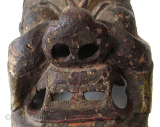 Antique Tibetan Carved Wooden Mask

Antique Tibetan hand-carved wooden deity mask,  Mahakala, a very fierce and powerful being and counterpart to Kali / Mahakali. His name means "Greater than Time" as he  ...