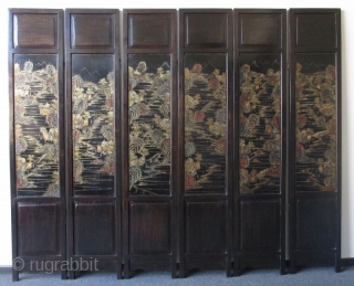 Chinese 6-panel Coromandel Hardwood Screen with Inlaid Jade
Antique Chinese 6-panel coromandel screen made of hardwood, possibly zitan. Inlaid with scholar items carved of various hardwoods and jade. All panels fit together with  ...