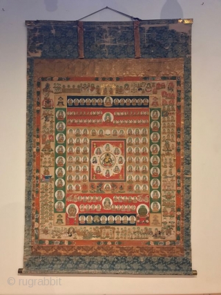 Large Japanese Womb of the World Mandala Scroll Painting
Antique Japanese Buddhist Womb of the World Mandala Scroll Painting. Dated early 18th century with temple in Kyoto. Central figure of Buddha immediately surrounded  ...