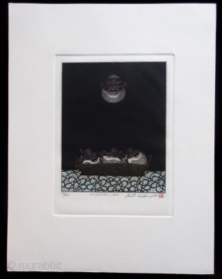 Hiroto Norikane Print of Puffer Fish Lanterns
Japanese print by Hiroto Norikane (b. 1949-), aquatint of puffer fish lanterns in a basket with one fish lantern hanging overhead by a string. Numbered 97/120,  ...