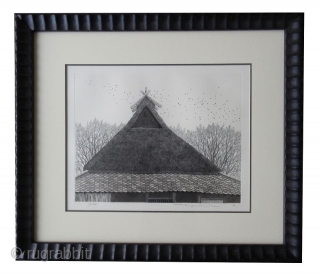 Rooftop and Birds Print by Tanaka Ryohei, etching and aquatint, 1994
A framed etching and aquatint print by Tanaka Ryohei. Scene of a thatched rooftop with a large flock of birds flying and  ...