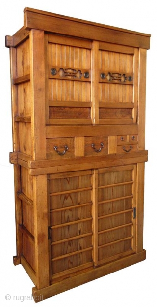 Antique Japanese 2 Section 3ft Mizuya
Japanese 2 section Mizuya (kitchen chest of drawers) made with Hinoki (cypress) wood frame and Sugi (cedar) panels, with natural hardwood burl front drawers panels. The top  ...