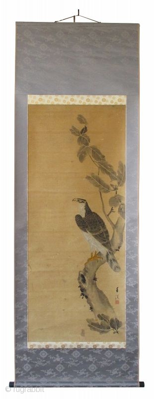 Japanese Antique Scroll Painting of a Hawk, signed Shunkei
Antique Japanese scroll painting of a hawk standing on the branch of an oak tree. The hawk is detailed with great attention to every  ...