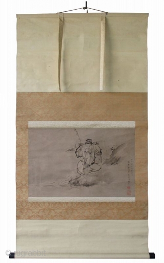Japanese Antique Scroll Painting of Ebisu with Fish
Japanese antique scroll painting of the Lucky God, Ebisu. He sits on a rocky shoreline with his fishing pole in his right hand. Tucked under  ...