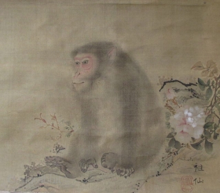 Japanese Scroll Painting of a Monkey
Antique Japanese scroll painting of a monkey seated near a blossoming peony. Painted with great expression and much attention to the details of the face, hands and  ...