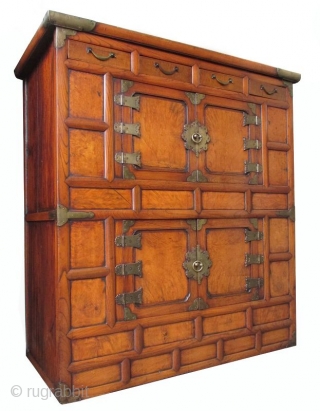 Korean Personal Single Section Cabinet
Antique Korean single section cabinet made with elm wood and hardwood burl panels. Hardware is made of brass. Beautiful rich patina. The upper portion has four small drawers  ...