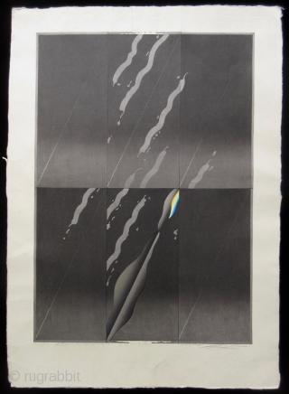 Japanese Abstract Woodblock Print by Kurosaki Akira
Japanese abstract print, titled "Flame Tracer" # 42/90 in its series. Hand signed by the artist Kurosaki Akira (b. 1937). Embossed with print studio logo. 

Akira  ...