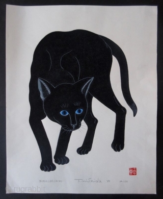 Japanese Nishida Tadashige Print - Black Cat
Japanese woodblock print of a black cat with piercing blue eyes. Titled "Black Cat", # 24/100 in its series, signed T. Nishida in pencil with red  ...