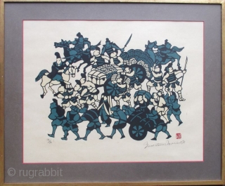 Japanese Framed Kappazuri Print by Yoshitoshi Mori
Japanese kappazuri (stencil) print by the artist Yoshitoshi Mori depicting a scene with many figures, a group of samurai warriors on horseback and other figures wheeling  ...