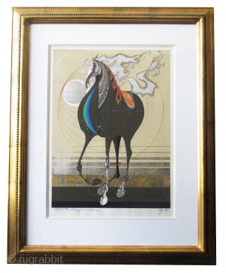 Large Nakayama Tadashi Woodblock Print of Horse, Titled, "Cyclone"
Large Japanese woodblock print of a horse by the artist Nakayama, Tadashi (born 1927). Titled, "Cyclone". This image of a horse stands with it's  ...