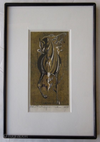 Japanese Nakayama Woodblock Print of Horse
Japanese framed woodblock print by Nakayama Tadashi of a stylized horse with gold and silver leaf. Signed in pencil, number 48/85. 

Dated 1968. 

Dimensions: 12" x 17  ...