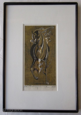 Japanese Nakayama Woodblock Print of Horse
Japanese framed woodblock print by Nakayama Tadashi of a stylized horse with gold and silver leaf. Signed in pencil, number 48/85. 

Dated 1968. 

Dimensions: 12" x 17  ...