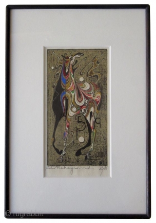 Japanese Nakayama Woodblock Print of Horse
Japanese framed woodblock print by Nakayama Tadashi of a stylized multicolored horse with gold and silver leaf. Signed in pencil, number 23/85. 

Dated 1968. 

Dimensions: 12" x  ...