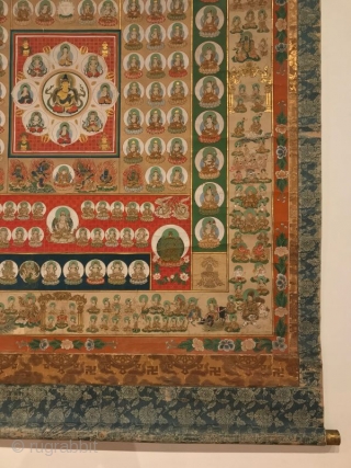 Large Japanese Womb of the World Mandala Scroll Painting
Antique Japanese Buddhist Womb of the World Mandala Scroll Painting. Dated early 18th century with temple in Kyoto. Central figure of Buddha immediately surrounded  ...