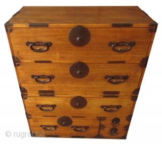 Japanese 2Section Kiri Tansu
Japanese 2 section Kiri (paulownia) isho tansu, or clothing chest of drawers. With hand forged iron hardware and pulls with chrysanthemum studs beneath. The top and sides of each  ...