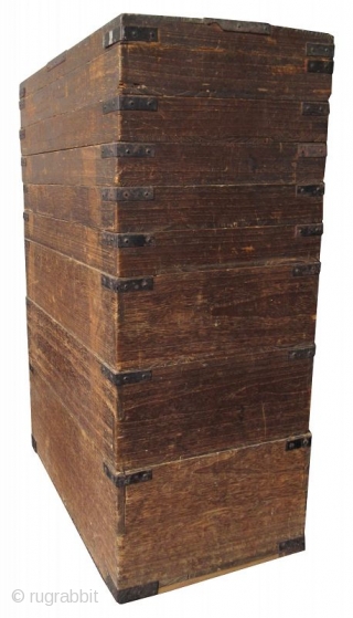Unusual Japanese Edo Kiri Stacking Box
Unusual Japanese Kiri wood stacking box, comprised of 9 shallow compartments for the storage of calligraphy implements. The edges of each compartment are reinforced with hand-forged iron  ...