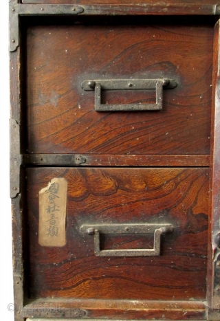 Japanese Edo Keyaki Burl Bar Tansu
An unusual Japanese Keyaki burl front bar tansu. The drawer faces are each labeled in Japanese kanji. The top "drawer" is actually a lift away panel. The  ...