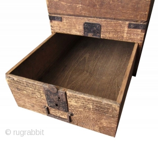Unusual Japanese Edo Kiri Stacking Box
Unusual Japanese Kiri wood stacking box, comprised of 9 shallow compartments for the storage of calligraphy implements. The edges of each compartment are reinforced with hand-forged iron  ...