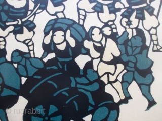 Japanese Framed Kappazuri Print by Yoshitoshi Mori
Japanese kappazuri (stencil) print by the artist Yoshitoshi Mori depicting a scene with many figures, a group of samurai warriors on horseback and other figures wheeling  ...