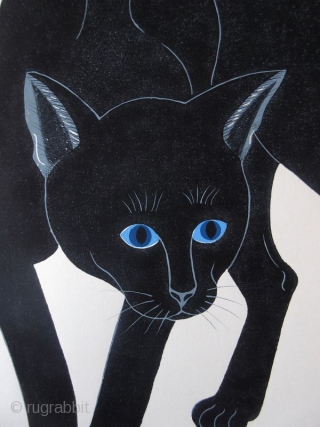 Japanese Nishida Tadashige Print - Black Cat
Japanese woodblock print of a black cat with piercing blue eyes. Titled "Black Cat", # 24/100 in its series, signed T. Nishida in pencil with red  ...