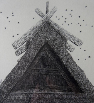 Rooftop and Birds Print by Tanaka Ryohei, etching and aquatint, 1994
A framed etching and aquatint print by Tanaka Ryohei. Scene of a thatched rooftop with a large flock of birds flying and  ...