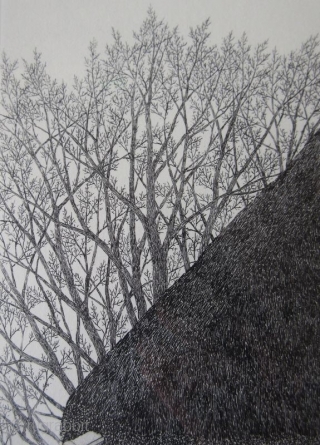 Rooftop and Birds Print by Tanaka Ryohei, etching and aquatint, 1994
A framed etching and aquatint print by Tanaka Ryohei. Scene of a thatched rooftop with a large flock of birds flying and  ...