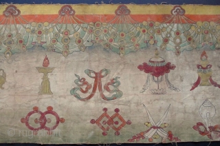 Antique Nepalese Buddhist Ceremonial Thangka Fragment
A long Buddhist Thangka fragment, the top corners with remnants of the fixtures once used for hanging. One side of the cloth is painted with hanging human  ...