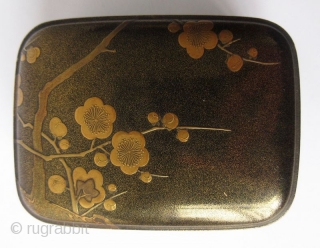 Japanese Lacquer Incense Box with Plum Blossoms
Japanese lacquer incense box with low-relief designs of plum blossoms in maki-e lacquer on finely sprinkled nashiji lacquer ground. The plum branch pattern is continuous along  ...