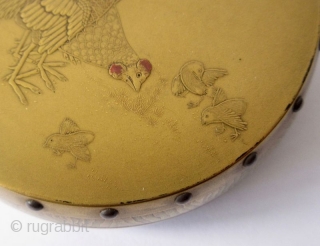 Exquisite 18th C. Japanese Lacq. Incense Box with Rooster and Chickens
Japanese incense box in the form of a flattened drum with realistic wood grain pattern in gold flake togidashi maki-e lacquer and  ...