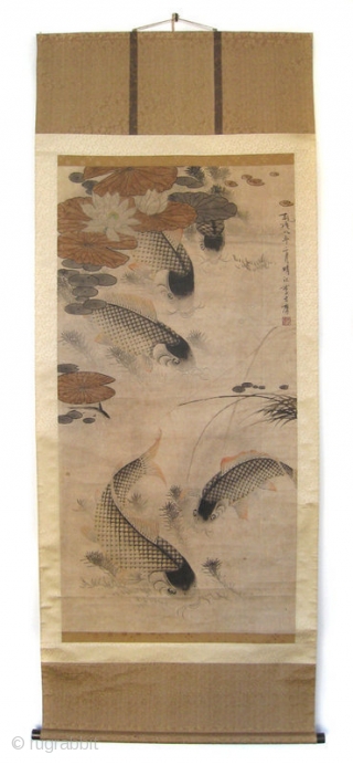 Chinese Antique Carp Scroll by Li Fang Yin


Antique Chinese scroll painting of 5 large carp swimming in pond with lotus and other water plants. Painted in ink and light colors on paper.  ...