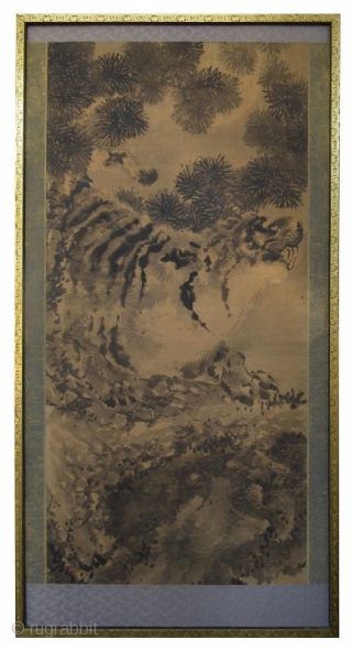 Japanese Painting of Tiger and the Moon


Antique Japanese painting of a tiger crouched on a rock, his eyes are turned toward the full moon which shows itself through the branches of a  ...