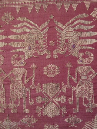 Framed Balinese Kampuh Songket Men's Ceremonial Wrapper

Antique framed Balinese kampuh songket, a men's ceremonial wrapper cloth, handmade with supplementary weft silk, cotton, gold and silver thread. The red ground cloth with gold  ...