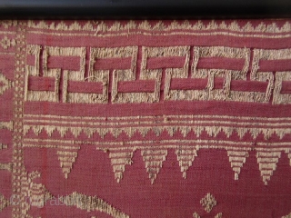 Framed Balinese Kampuh Songket Men's Ceremonial Wrapper

Antique framed Balinese kampuh songket, a men's ceremonial wrapper cloth, handmade with supplementary weft silk, cotton, gold and silver thread. The red ground cloth with gold  ...