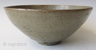 Antique Korean Koryo Celadon Bowl

Antique Korean Koryo bowl with celadon glaze and crackling, the small recessed well with carved outline, the exterior body of the bowl carved with repeating lotus petals, and  ...