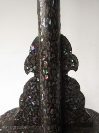 An Unusual Japanese Inlaid Laquer Sword Stand

Japanese tachi-kake or samurai's sword stand, black lacquered and rich intricate shell inlay work, with a reishi mushroom shaped finial. 

Late Edo period (1603-1868) 

Dimensions: 10  ...