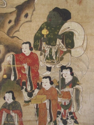 Japanese Edo Buddhist Scroll Painting of Eight Armed Kannon

Japanese Buddhist scroll painting of Eight Armed Kannon , the bodhisattva of compassion, seated in a lotus position. In her other seven arms she  ...