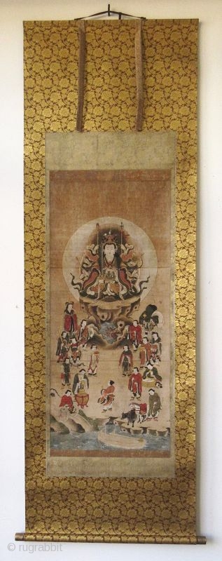 Japanese Edo Buddhist Scroll Painting of Eight Armed Kannon

Japanese Buddhist scroll painting of Eight Armed Kannon , the bodhisattva of compassion, seated in a lotus position. In her other seven arms she  ...