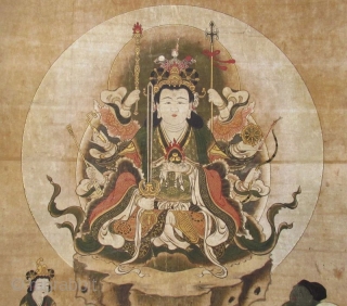 Japanese Edo Buddhist Scroll Painting of Eight Armed Kannon

Japanese Buddhist scroll painting of Eight Armed Kannon , the bodhisattva of compassion, seated in a lotus position. In her other seven arms she  ...