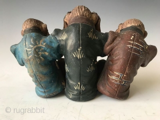 Japanese Terracotta Three Wise Monkeys

A terracotta figure of the Three Wise Monkeys - Mizaru who is covering his eyes, Kikazaru who is covering his ears and Iwazaru who is covering his mouth.  ...