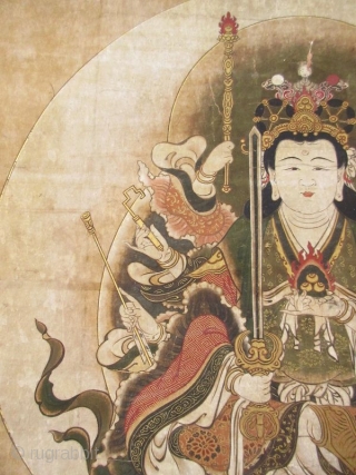 Japanese Edo Buddhist Scroll Painting of Eight Armed Kannon

Japanese Buddhist scroll painting of Eight Armed Kannon , the bodhisattva of compassion, seated in a lotus position. In her other seven arms she  ...