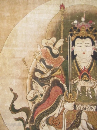 Japanese Edo Buddhist Scroll Painting of Eight Armed Kannon

Japanese Buddhist scroll painting of Eight Armed Kannon , the bodhisattva of compassion, seated in a lotus position. In her other seven arms she  ...