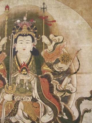 Japanese Edo Buddhist Scroll Painting of Eight Armed Kannon

Japanese Buddhist scroll painting of Eight Armed Kannon , the bodhisattva of compassion, seated in a lotus position. In her other seven arms she  ...